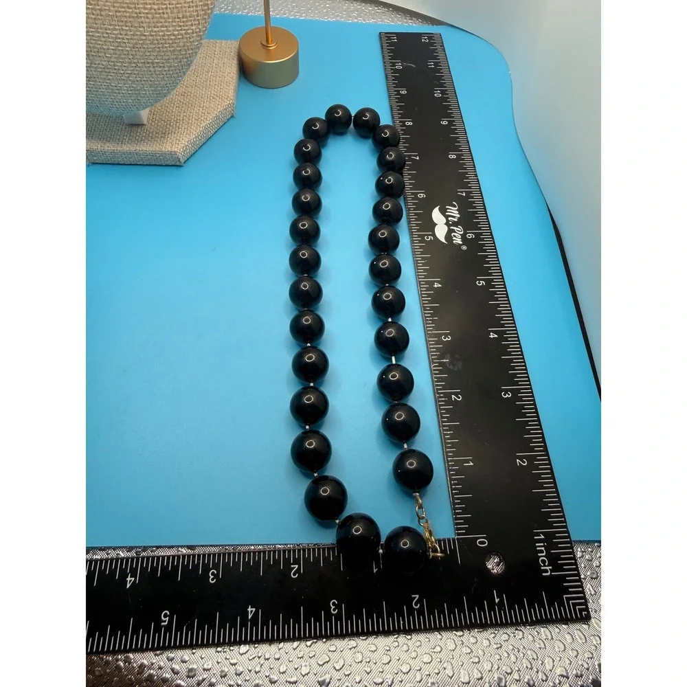 Vintage Black Chunky Round Bead‎ Statement Necklace 20 Inch Gold Tone Clasp